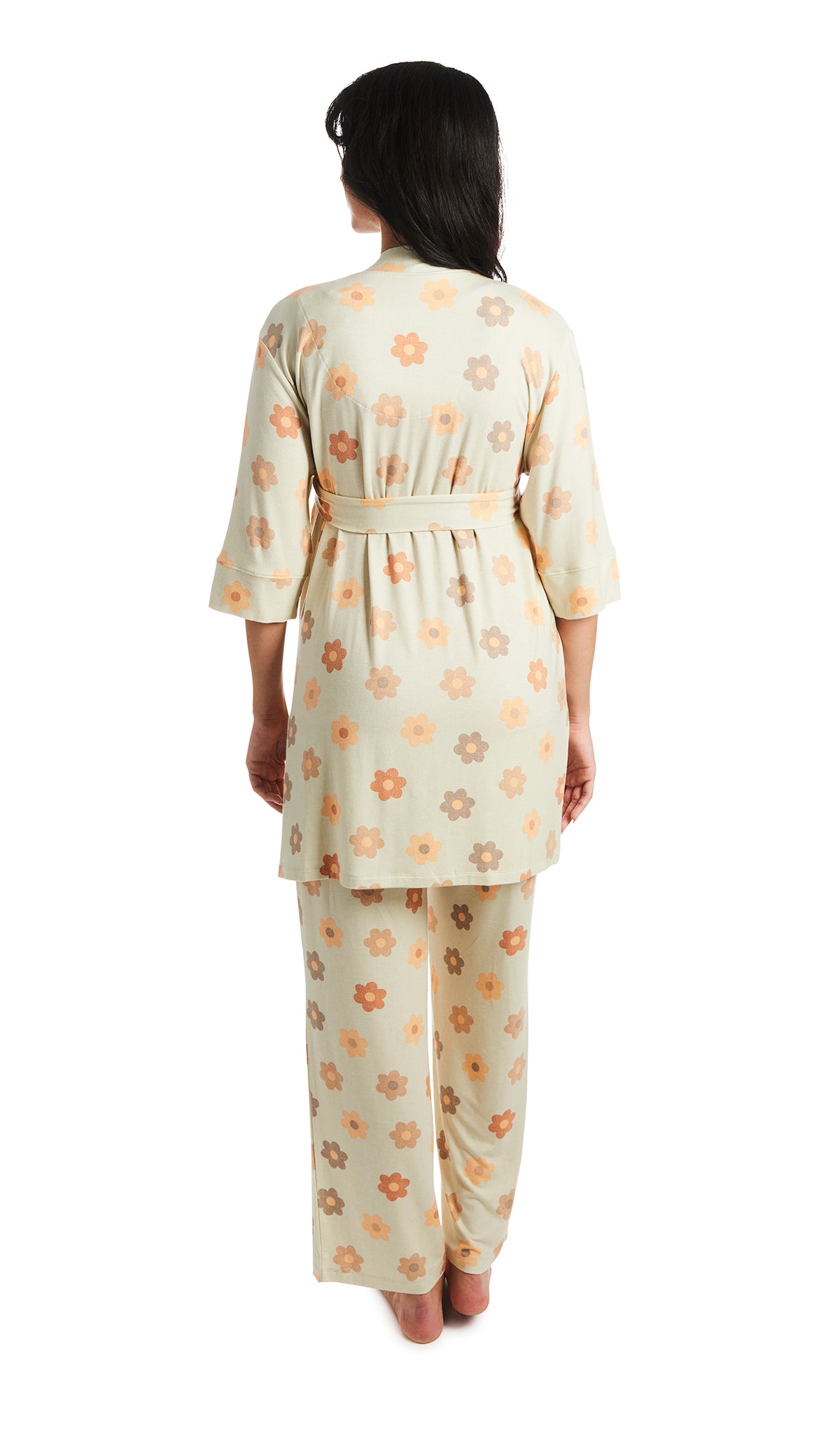 Daisies Analise 3-Piece Set, back shot of woman wearing robe and pant.