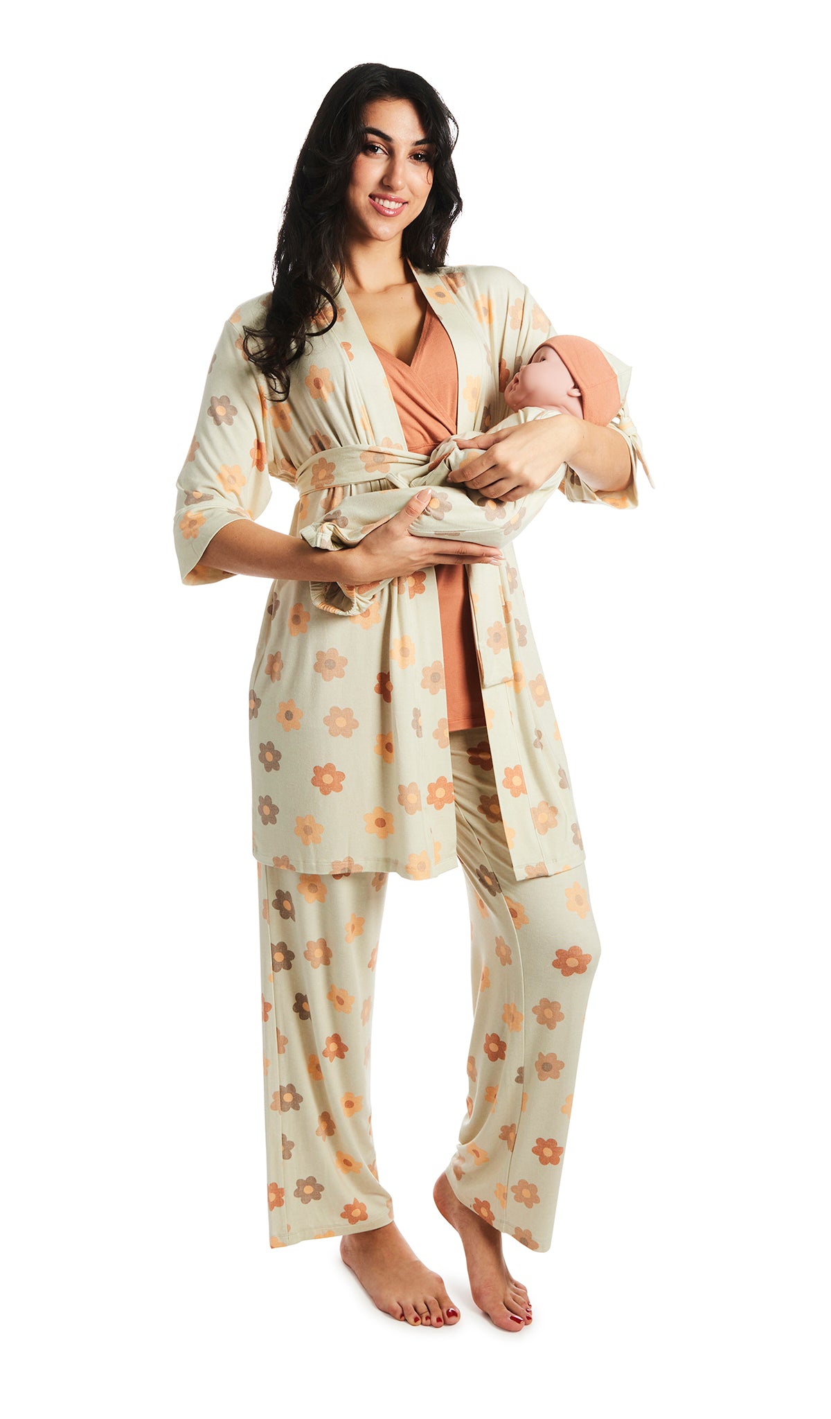 Daisies Analise 5-Piece Set. Woman wearing 3/4 sleeve robe, tank top and pant while holding a baby wearing baby gown and knotted baby hat.