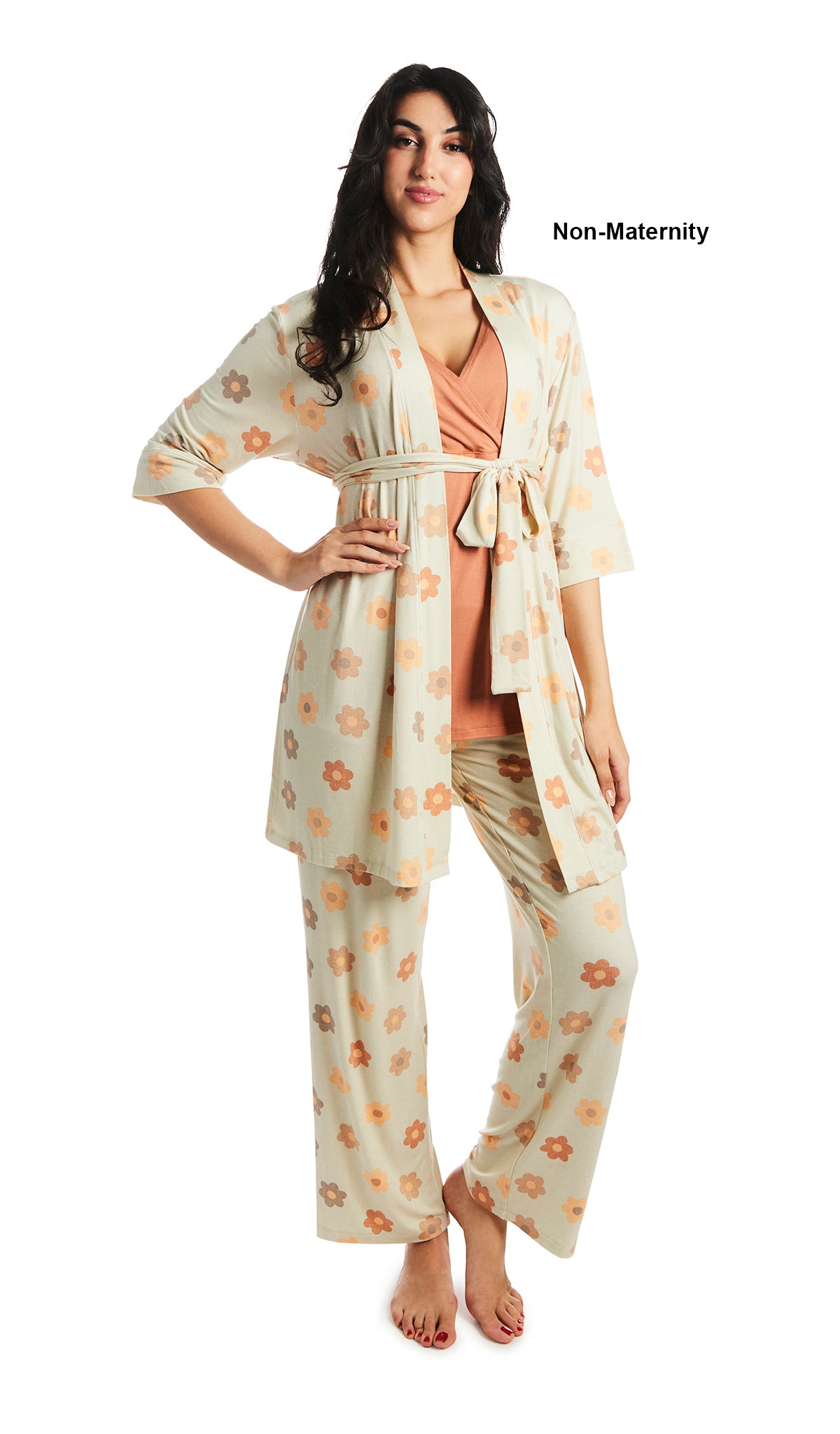 Daisies Analise 3-Piece Set. Woman with hand on hip wearing 3/4 sleeve robe, tank top and pant as non-maternity.