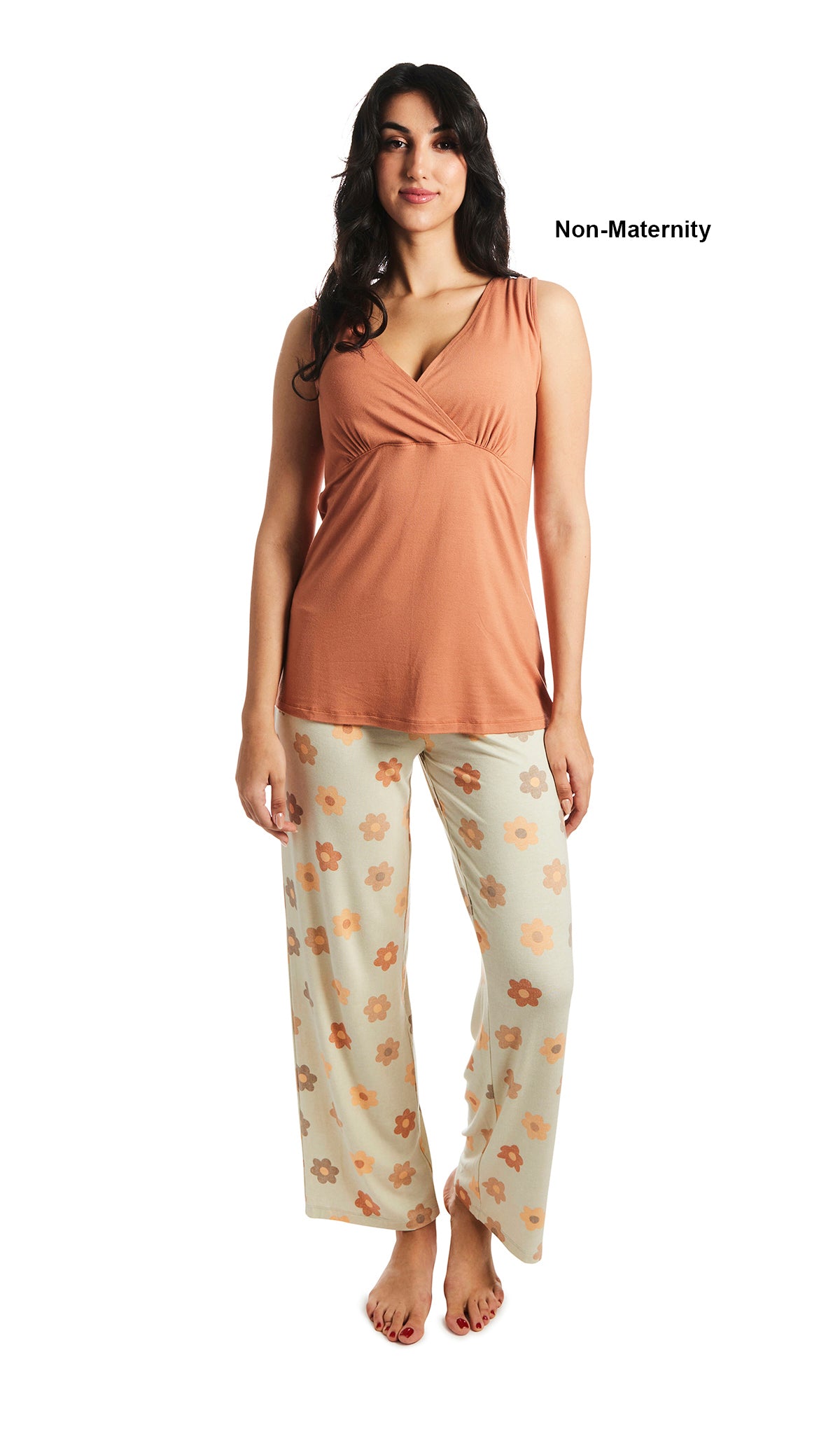 Daisies Analise 5-Piece Set, pregnant woman wearing criss-cross bust tank top and pant as non-maternity.