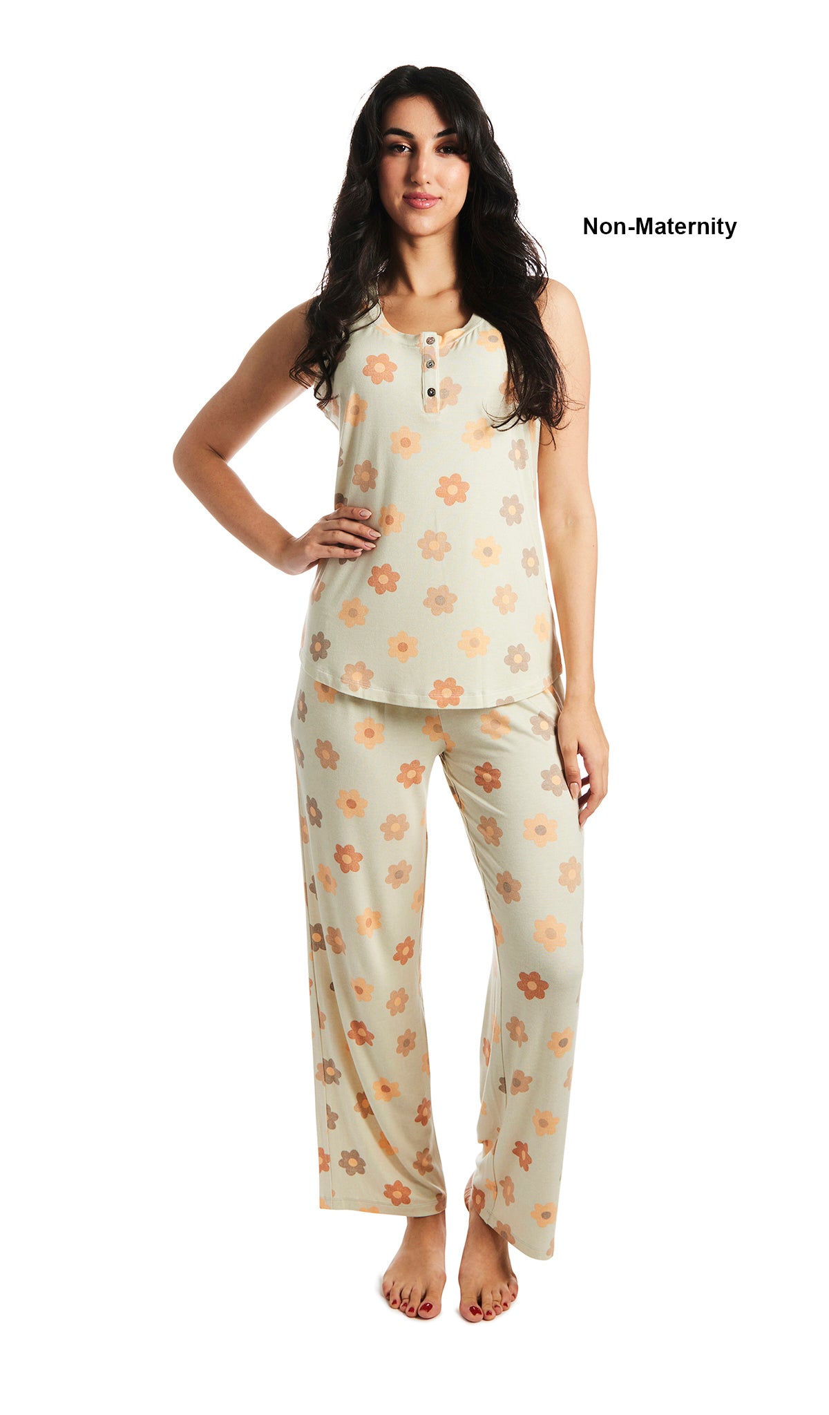 Daisies Joy 2-Piece Set. Woman wearing button front placket tank top and pant as non-maternity with one hand resting on hip.