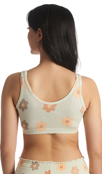 Daisies Paisley 3-Pack. Detail back shot of woman wearing Daisies print bra and matching pant.
