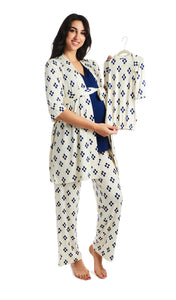 Geo Analise 5-Piece Set. Pregnant woman wearing 3/4 sleeve robe, tank top and pant while holding a baby gown.