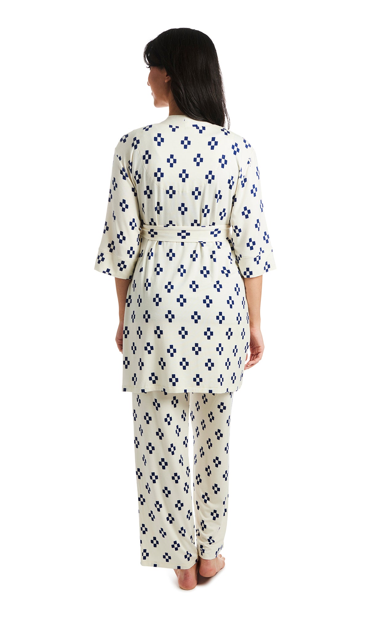 Geo Analise 3-Piece Set, back shot of woman wearing robe and pant.