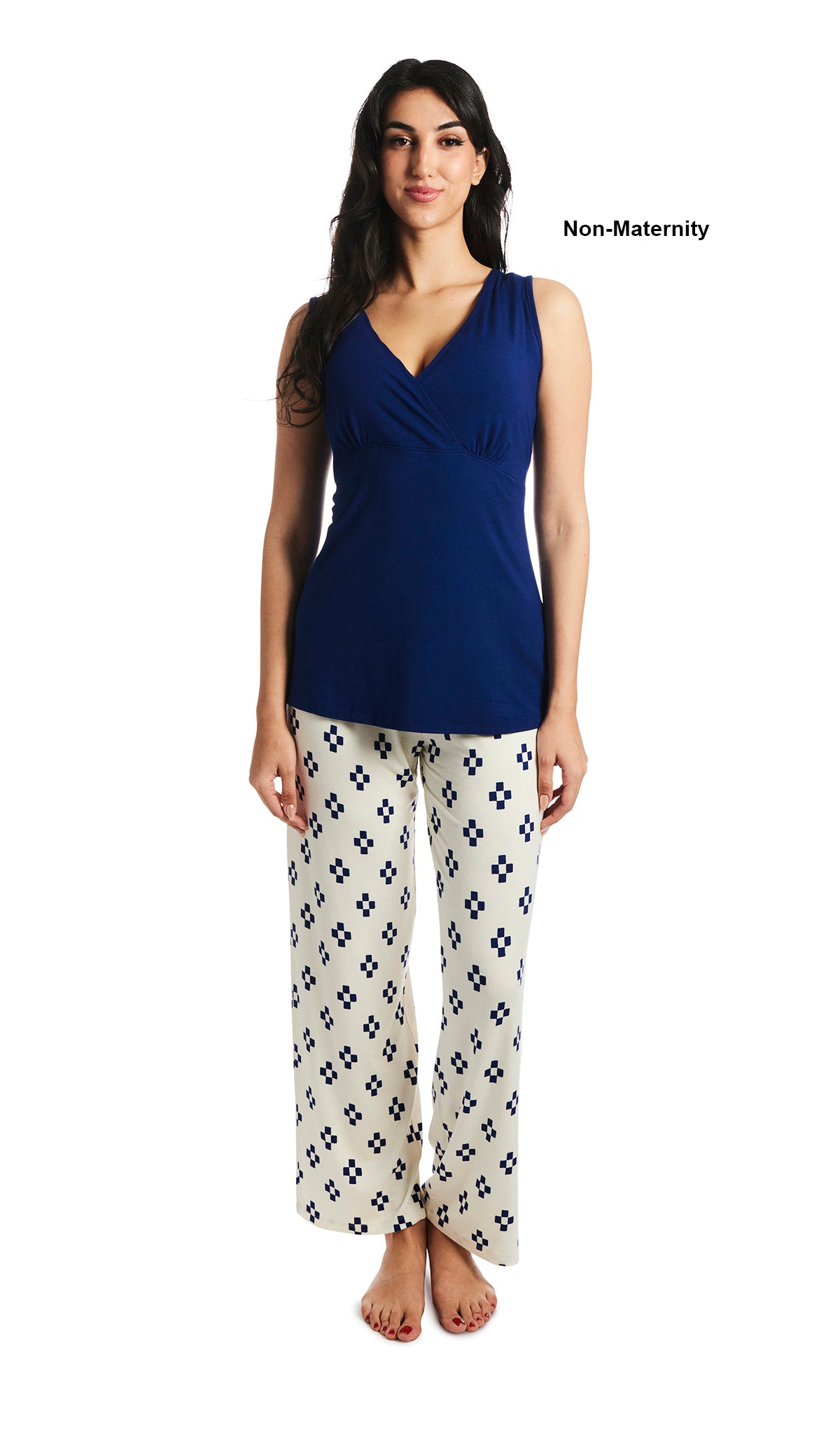 Geo Analise 5-Piece Set, pregnant woman wearing criss-cross bust tank top and pant. as non-maternity.