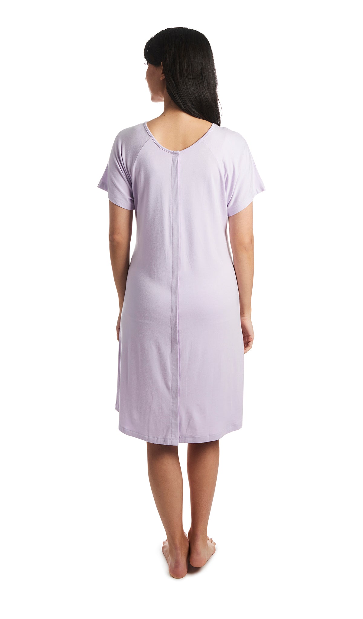 Lavender Rosa hospital gown, detailed shot of nursing access through snap opening.