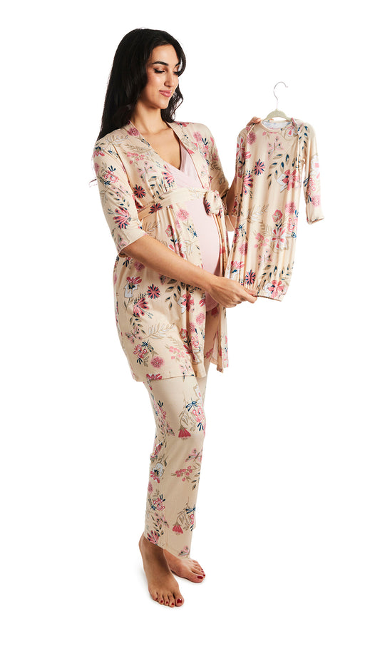 Wild Flower Analise 5-Piece Set. Pregnant woman wearing 3/4 sleeve robe, tank top and pant while holding a baby gown.