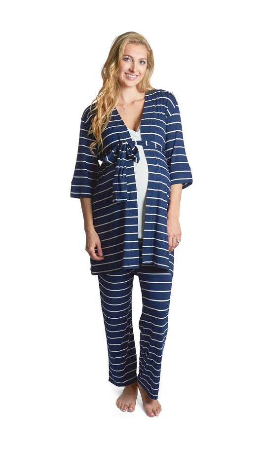 Navy Analise 3-Piece Set. Pregnant woman wearing 3/4 sleeve robe, tank top and pant.