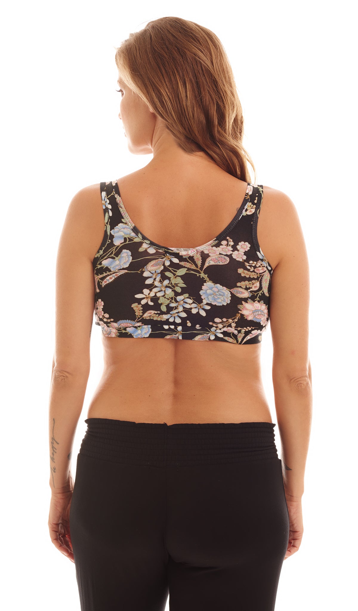 Black Floral Paisley Single Bra. Detail back shot of woman wearing Black Floral print bra and pant.