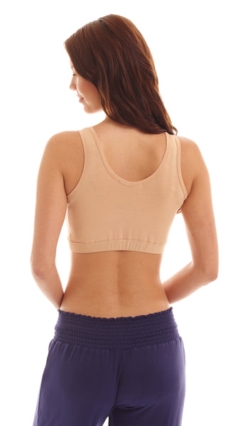 Blossom Paisley 3-Pack. Detail back shot of woman wearing solid nude nursing bra.