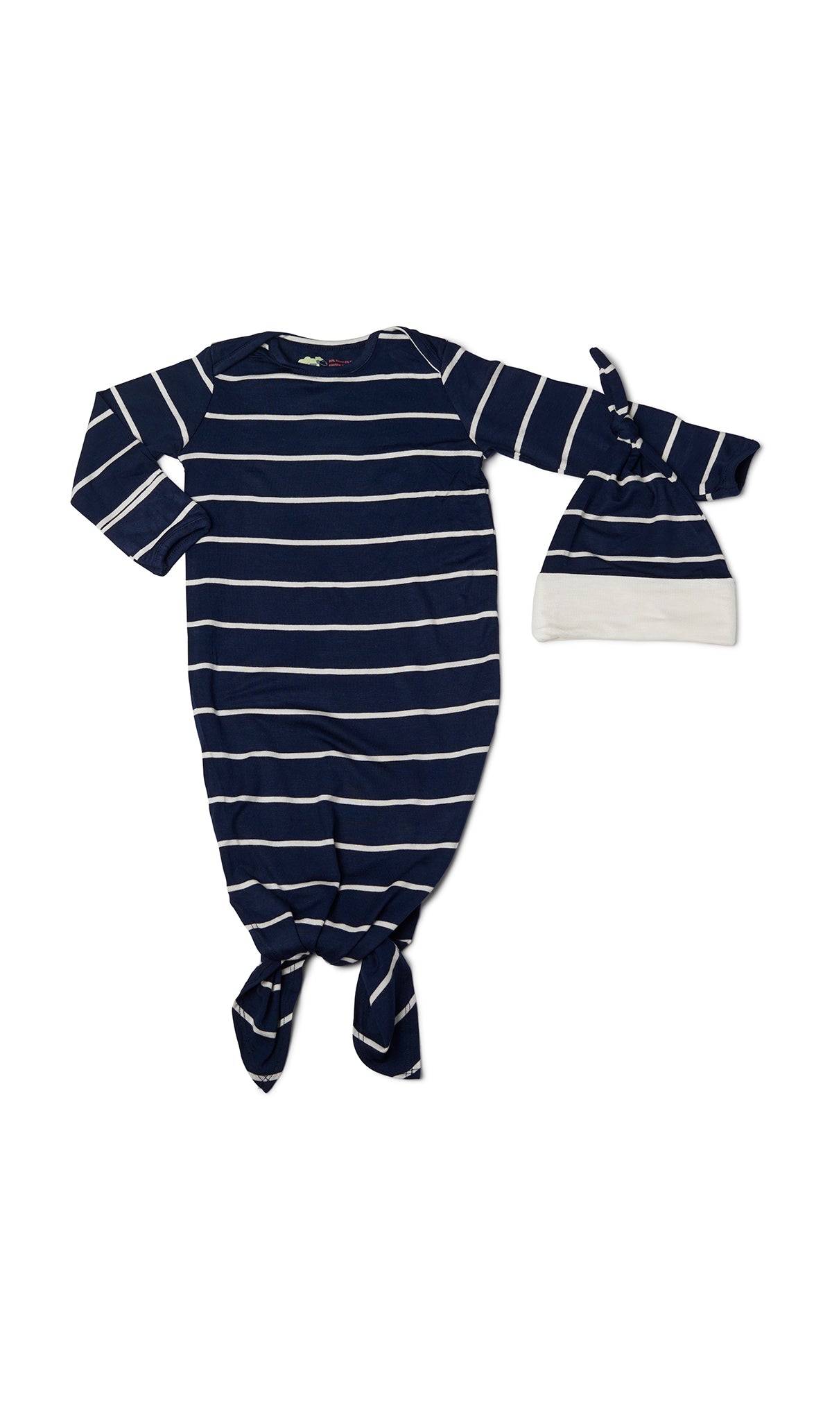 Navy Knotted Gown 2-Piece flat shot showing long sleeve baby gown with hem tied into a tie-knot bow and matching knotted hat.