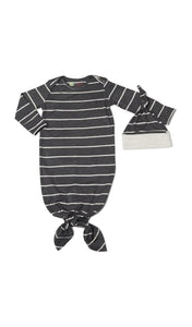 Charcoal Knotted Gown 2-Piece flat shot showing long sleeve baby gown with hem tied into a tie-knot bow and matching knotted hat.