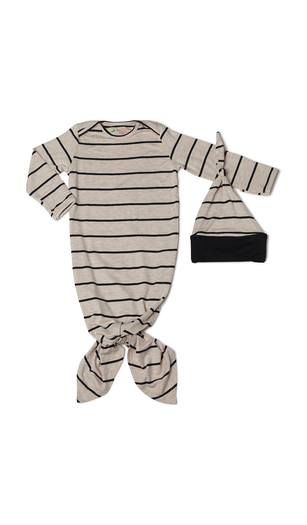 Sand Stripe Knotted Gown 2-Piece flat shot showing long sleeve baby gown with hem tied into a tie-knot bow and matching knotted hat.