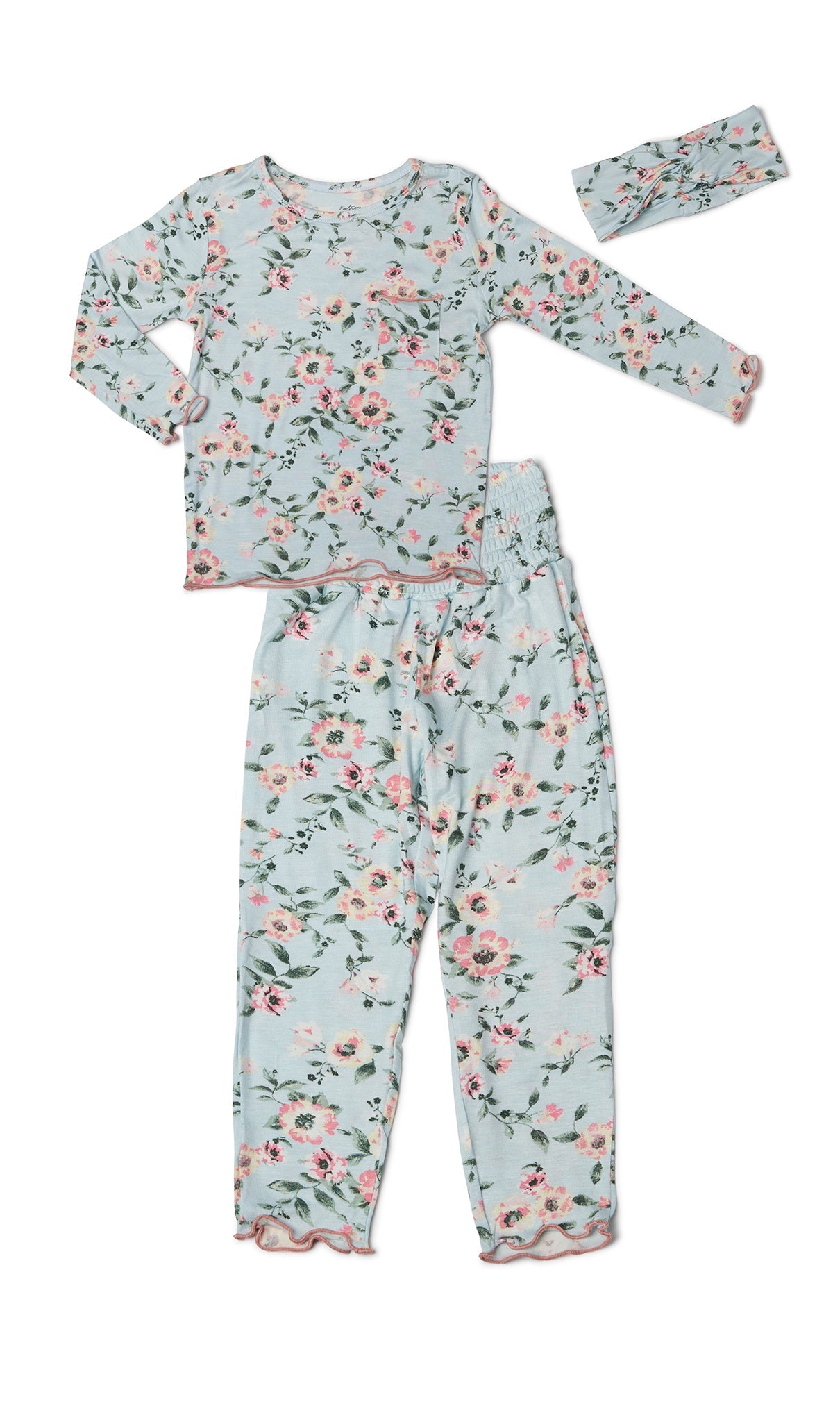 Cloud Blue Charlie Baby 3-Piece Pant PJ. Long sleeve top with smocked waistband pant and matching headwrap. Lettuce trim detail on sleeve edge, top and pant hem.