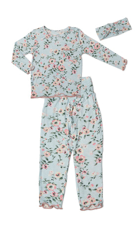 Cloud Blue Charlie Kids 3-Piece Pant PJ. Long sleeve top with smocked waistband pant and matching headwrap. Lettuce trim detail on sleeve edge, top and pant hem.
