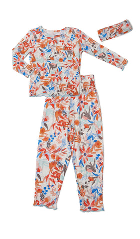 Posy Charlie Baby 3-Piece Pant PJ. Long sleeve top with smocked waistband pant and matching headwrap. Lettuce trim detail on sleeve edge, top and pant hem.