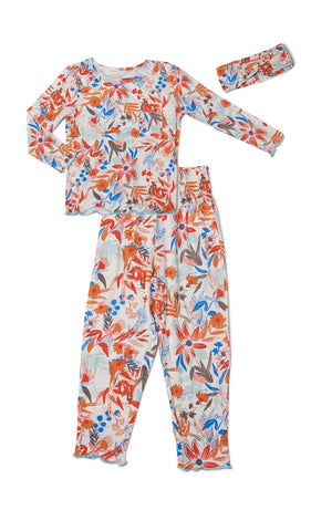 Posy Charlie Kids 3-Piece Pant PJ. Long sleeve top with smocked waistband pant and matching headwrap. Lettuce trim detail on sleeve edge, top and pant hem.