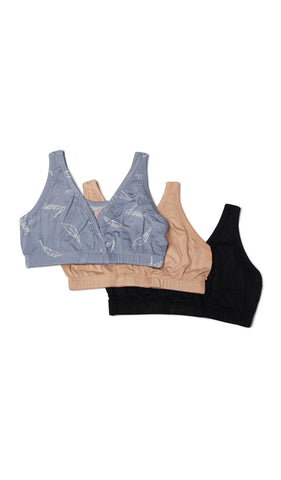 Dream Paisley 3-Pack flat shot of Dream bra, Nude bra, and Black bra.