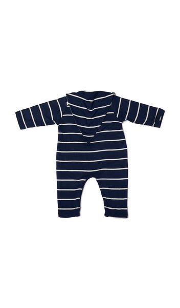 Navy Romper 2-Piece flat shot of long sleeve romper with matching reversible bib worn over garment, showing stripe side.