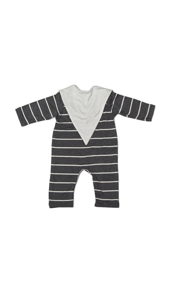 Charcoal Romper 2-Piece flat shot of long sleeve romper with matching reversible bib worn over garment, showing solid side.