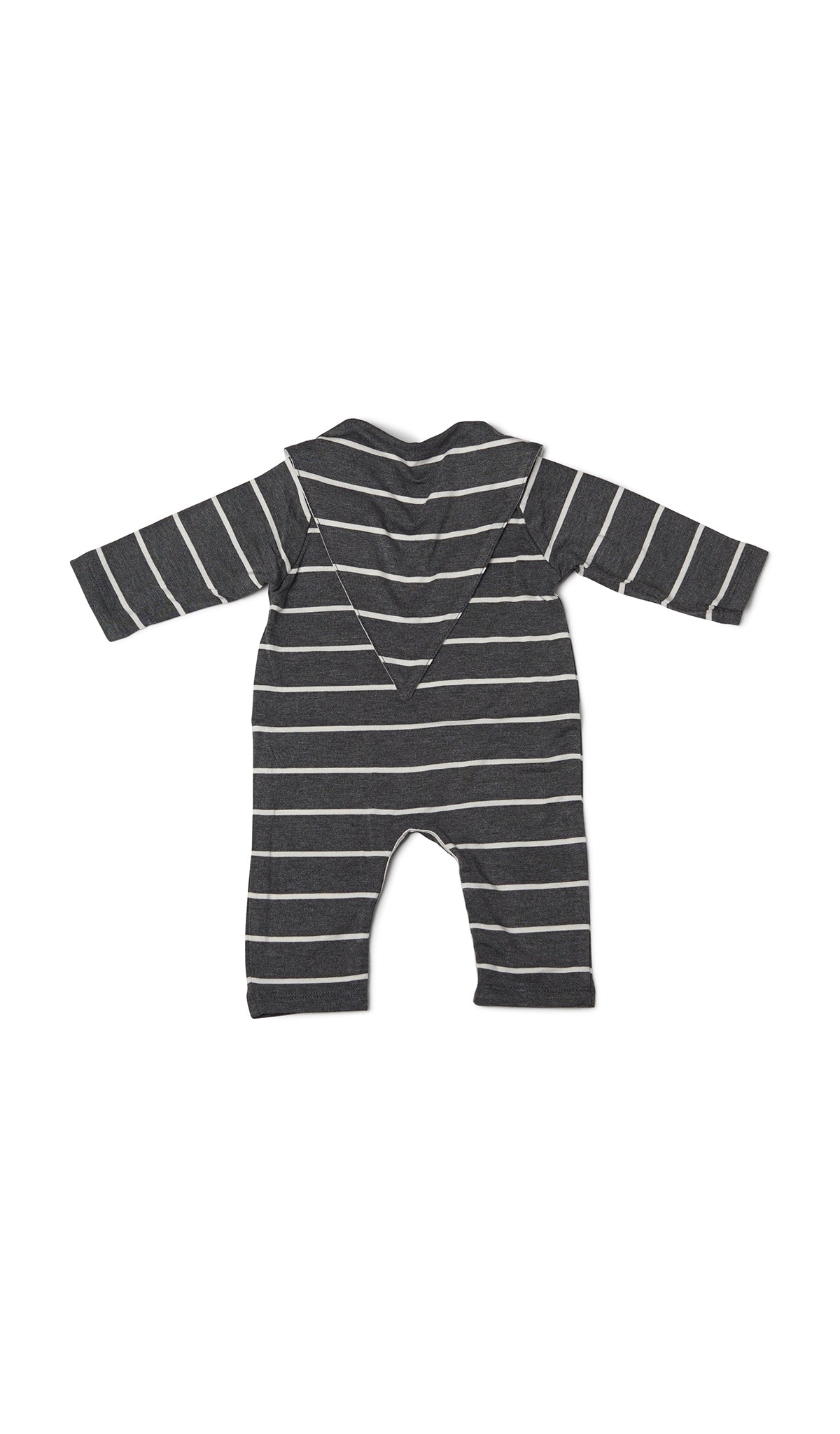 Charcoal Romper 2-Piece flat shot of long sleeve romper with matching reversible bib worn over garment, showing stripe side.