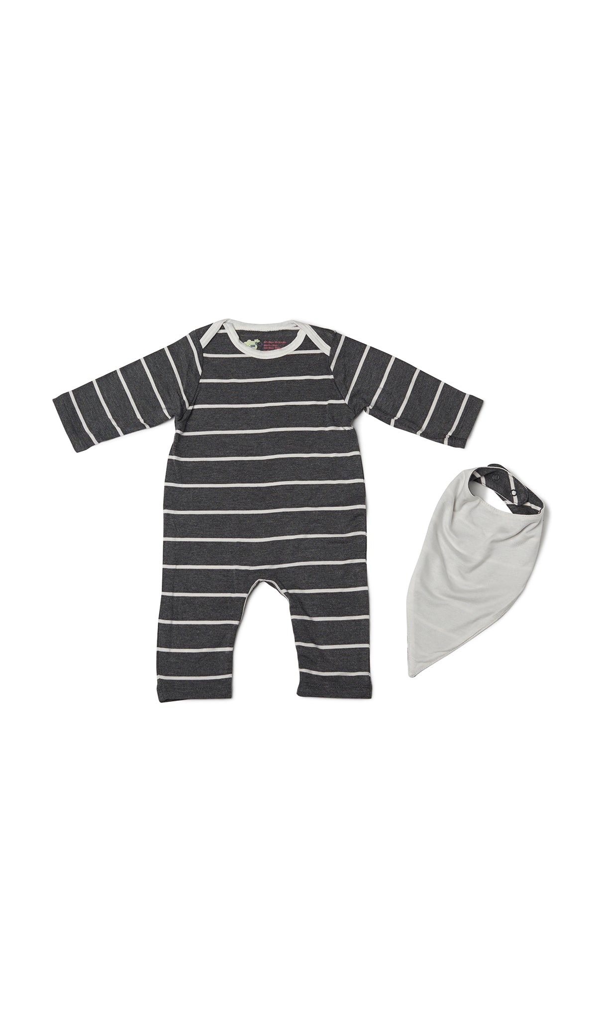 Charcoal Romper 2-Piece flat shot of long sleeve romper with matching reversible bib showing solid side.
