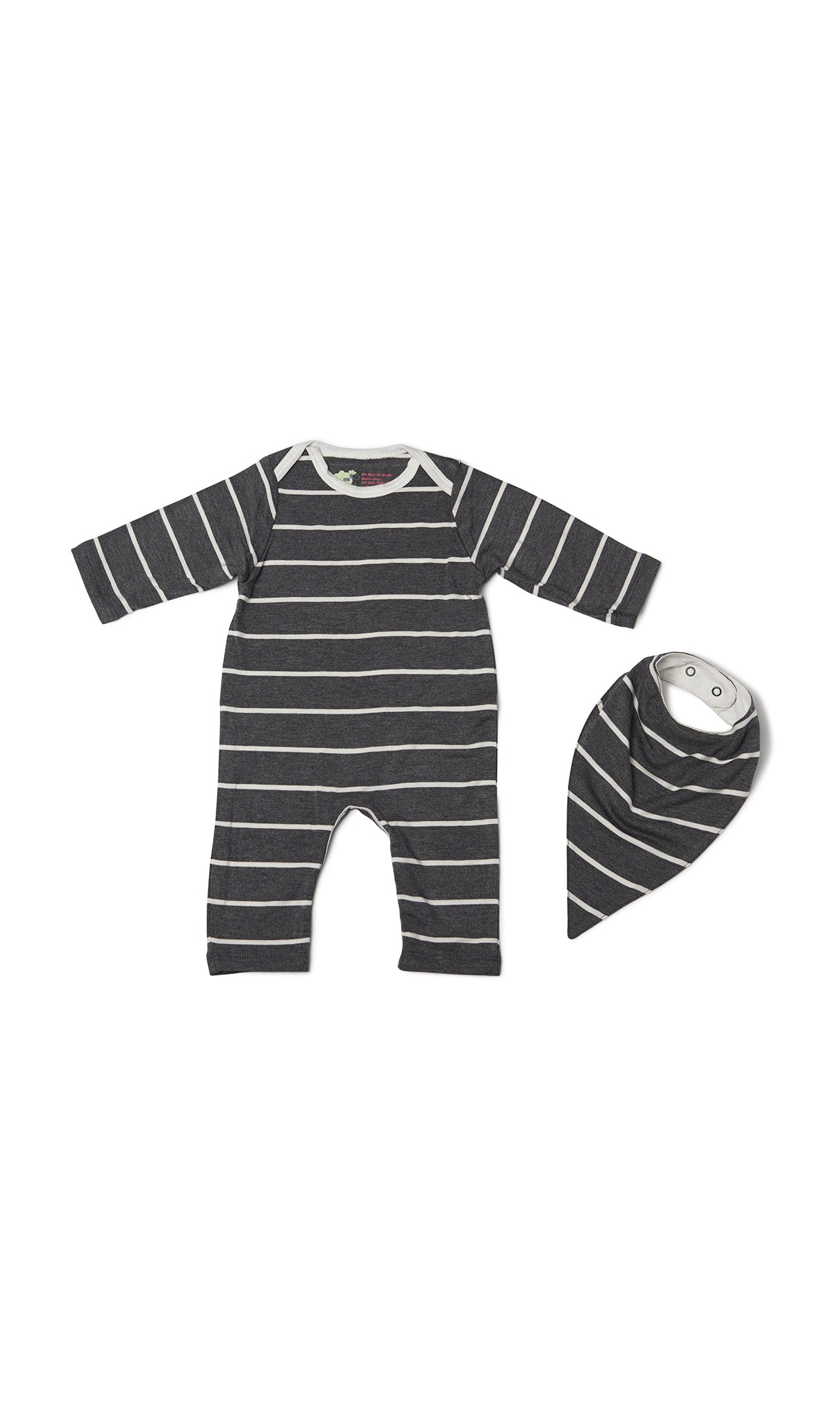 Charcoal Romper 2-Piece flat shot of long sleeve romper with matching bib.