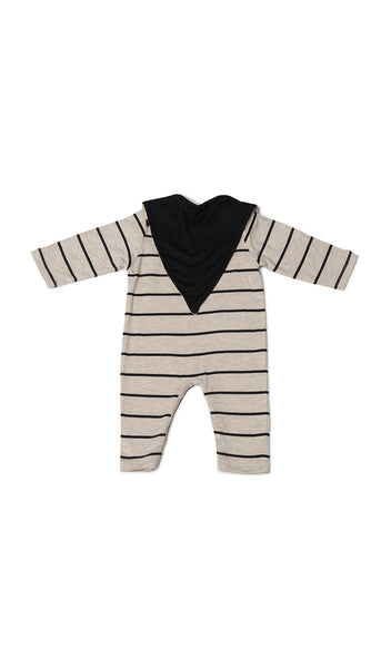 Sand Stripe Romper 2-Piece flat shot of long sleeve romper with matching reversible bib worn over garment, showing solid side.