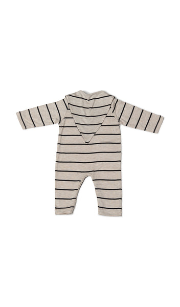 Sand Stripe Romper 2-Piece flat shot of long sleeve romper with matching reversible bib worn over garment, showing stripe side.