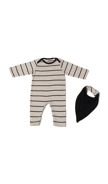 Sand Stripe Romper 2-Piece flat shot of long sleeve romper with matching reversible bib showing solid side.