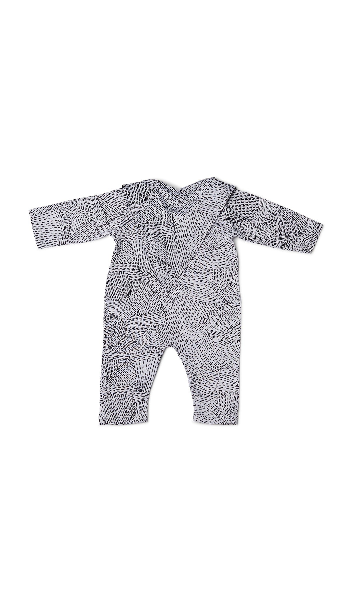 Twilight Romper 2-Piece flat shot of long sleeve romper with matching reversible bib worn over garment, showing print side.