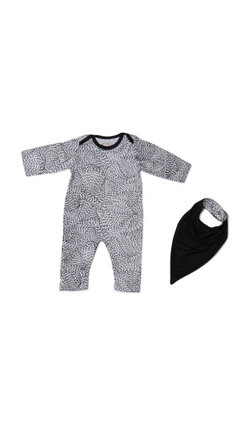 Twilight Romper 2-Piece flat shot of long sleeve romper with matching reversible bib showing solid side.