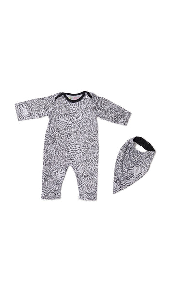 Twilight Romper 2-Piece flat shot of long sleeve romper with matching bib.