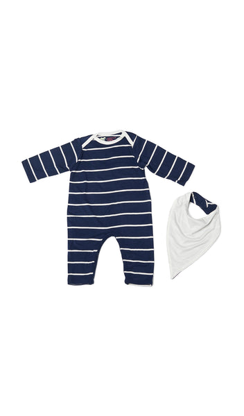 Navy Romper 2-Piece flat shot of long sleeve romper with matching reversible bib showing solid side.