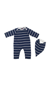 Navy Romper 2-Piece flat shot of long sleeve romper with matching bib.