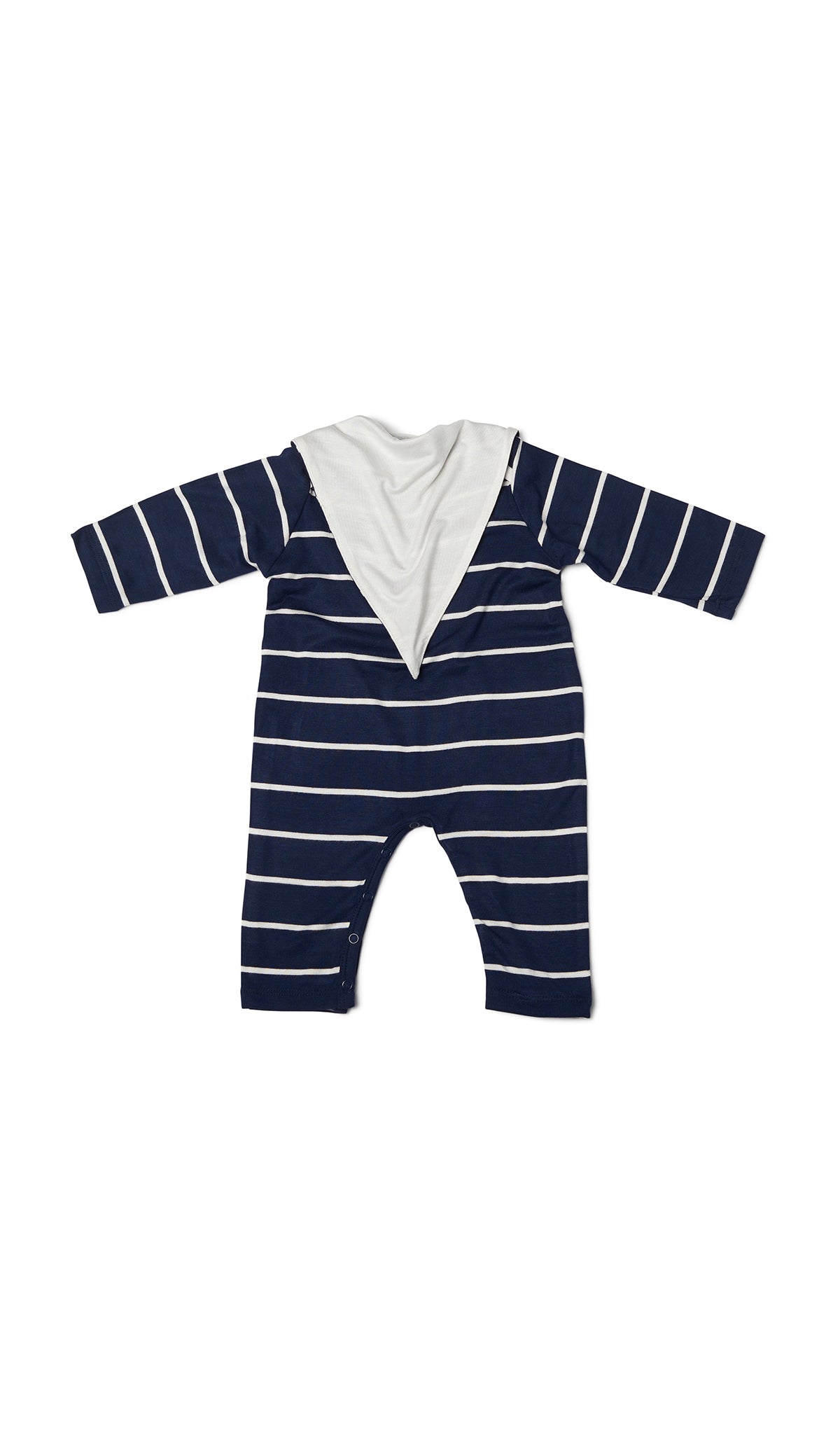 Navy Romper 2-Piece flat shot of long sleeve romper with matching reversible bib worn over garment, showing solid side.