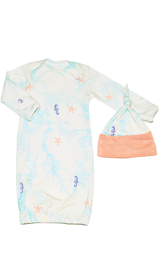 Sea Horse Gown 2-Piece with long sleeve baby gown and matching knotted hat.