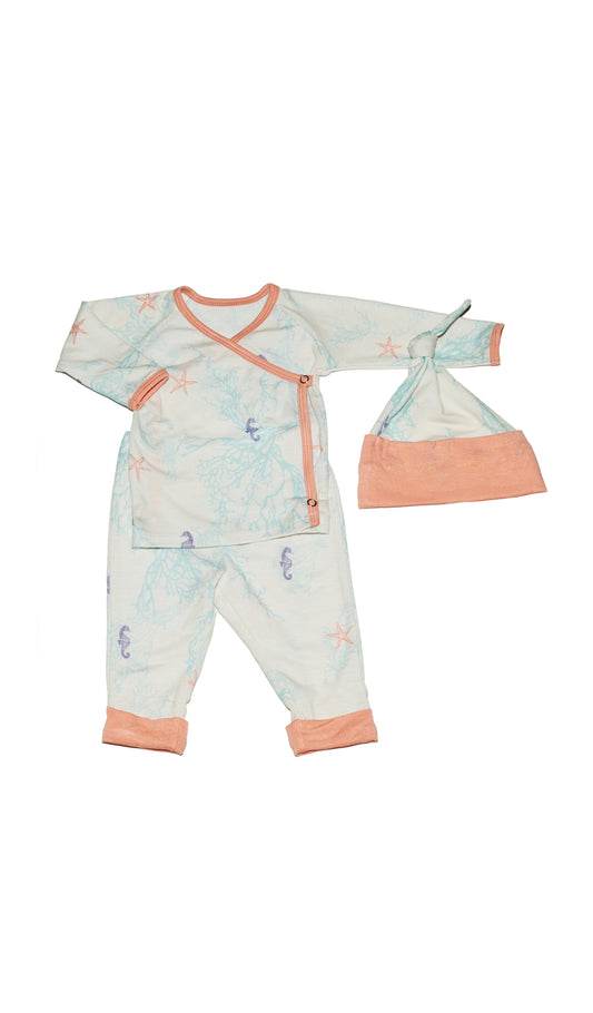 Sea Horse Baby's Take-Me-Home 3 Piece set flat shot showing long sleeve kimono top and cuffed pant with matching knotted baby hat.