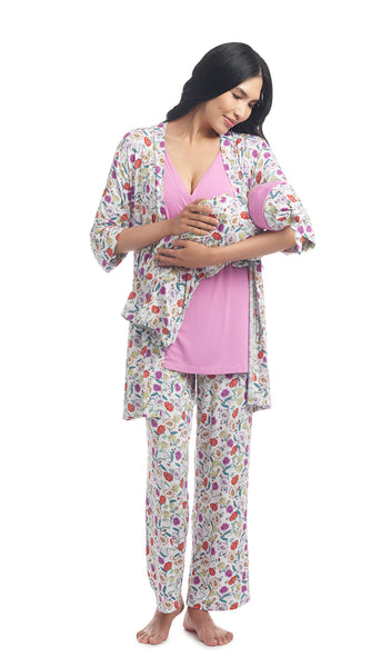 Zinnia Analise 5-Piece Set. Woman wearing 3/4 sleeve robe, tank top and pant while holding a baby wearing baby gown and knotted baby hat.