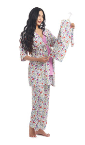 Zinnia Analise 5-Piece Set. Pregnant woman wearing 3/4 sleeve robe, tank top and pant while holding a baby gown.