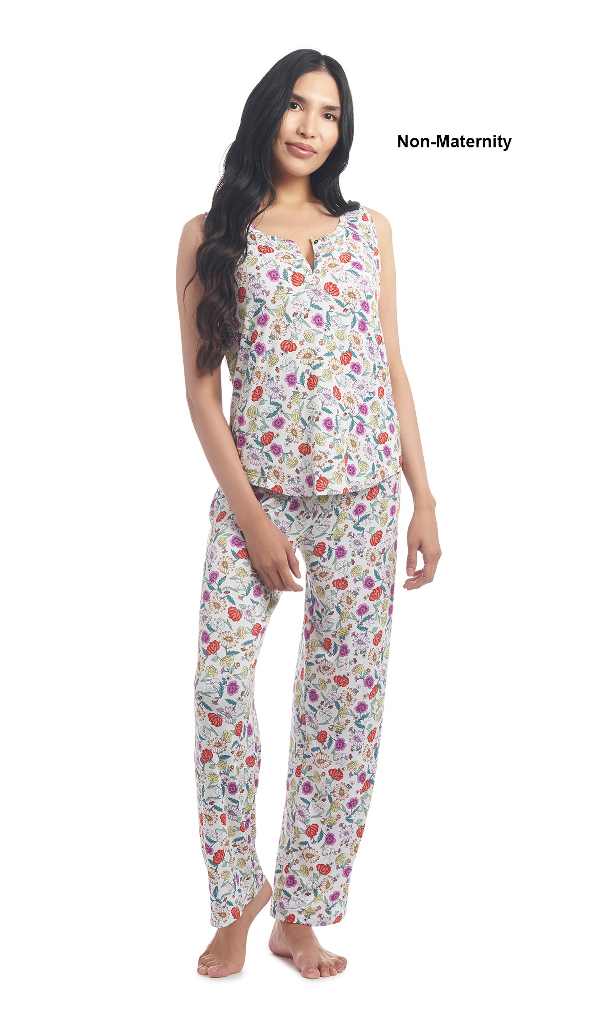 Zinnia Joy 2-Piece Set. Woman wearing button front placket tank top and pant as non-maternity.