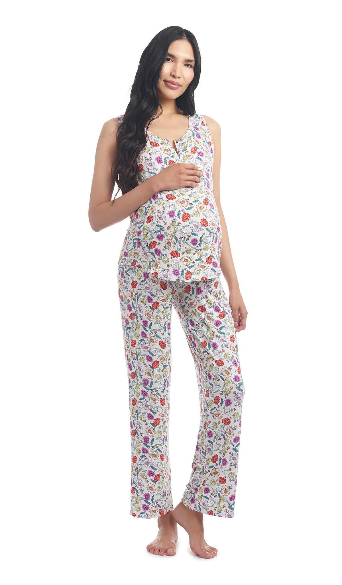Zinnia Joy 2-Piece Set. Pregnant woman wearing button front placket tank top and pant.