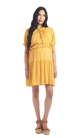Yellow Dot Debra dress worn by pregnant woman.