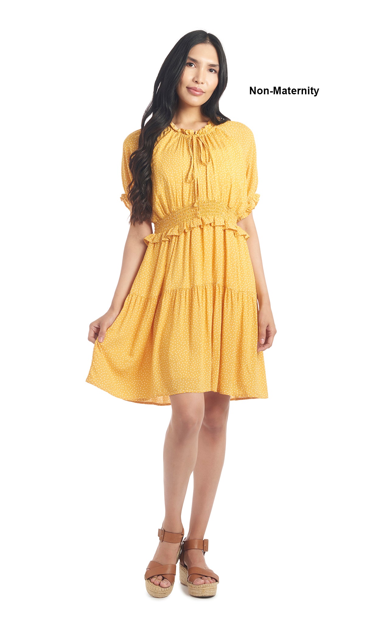 Yellow Dot Debra dress worn by woman as non-maternity style.