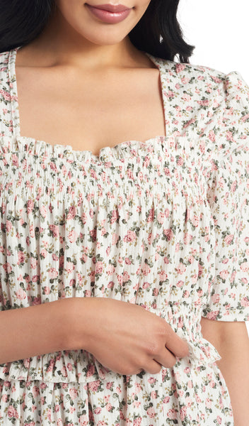 Ivory Floral Tracey detail shot of woman lifting ruffle layer to access nursing openings underneath.