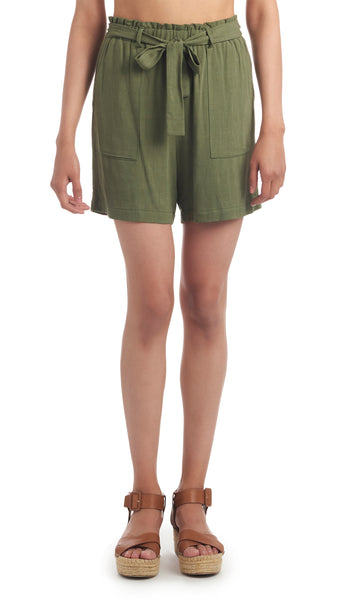 Olive Shelly Short with two front pockets, belt loops and removable tie sash.