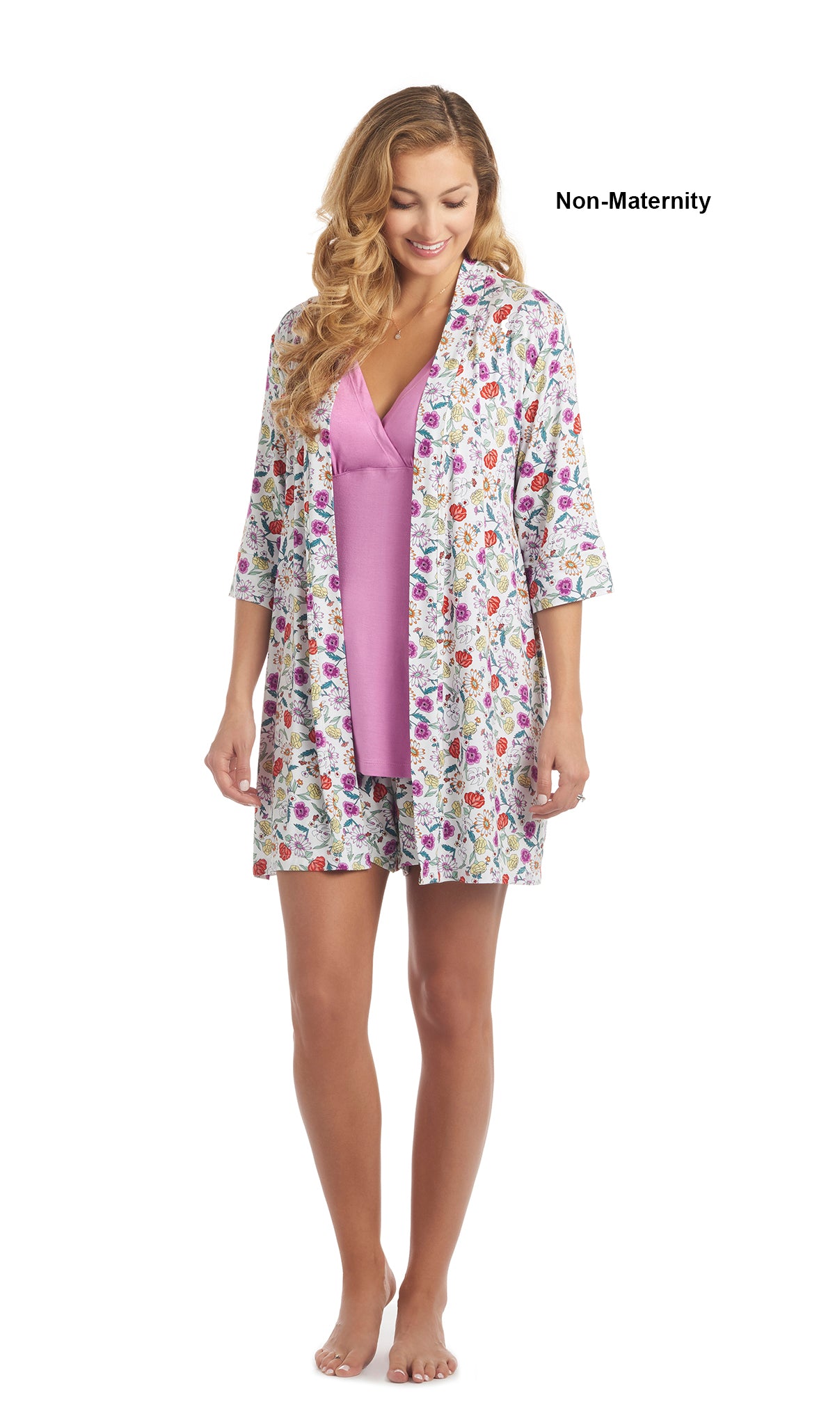 Zinnia Adaline 3-Piece Set. Woman wearing 3/4 sleeve robe, tank top and short as non-maternity.