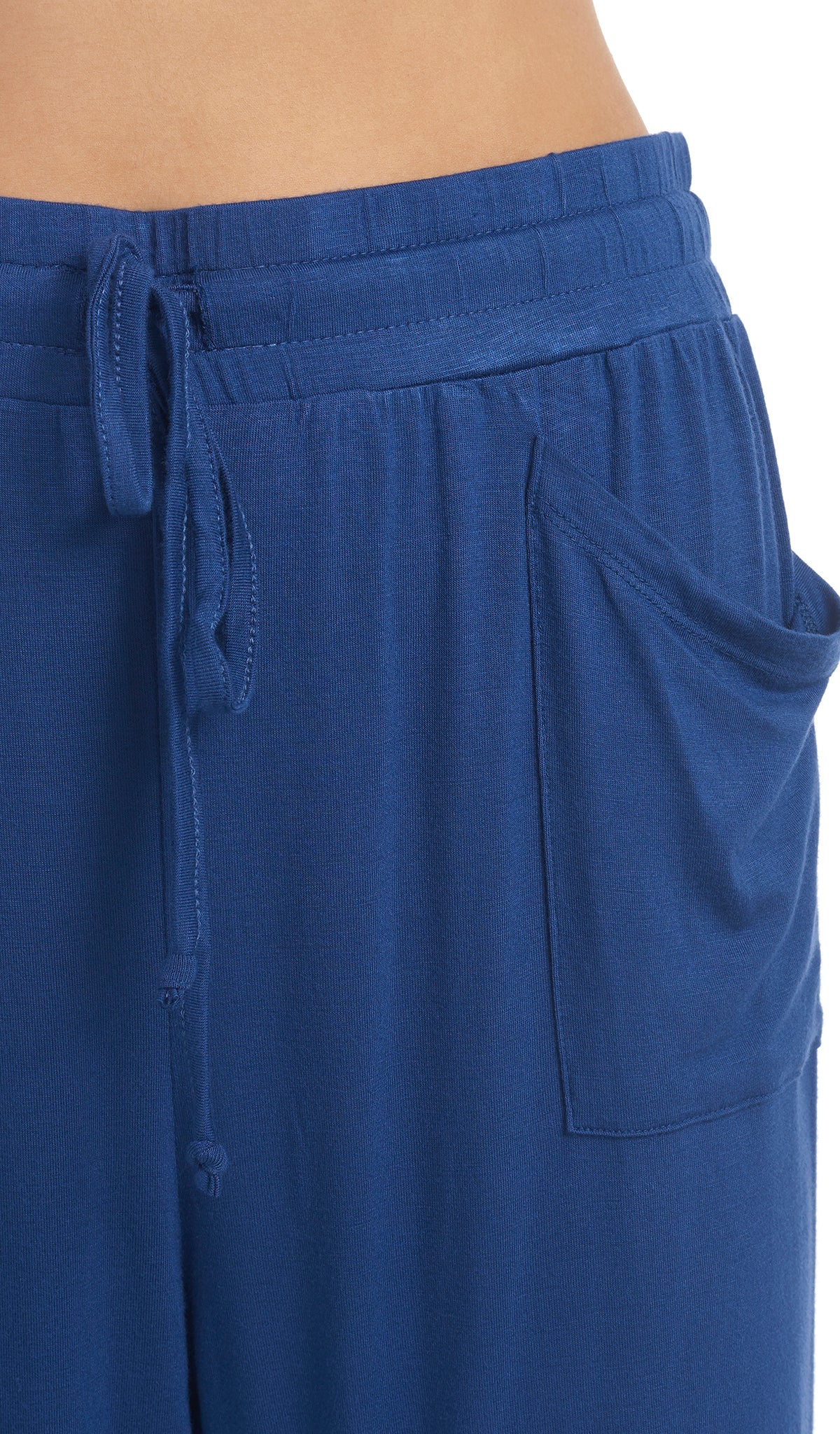 Denim Blue Carmen Jogger front pocket and drawstring detail.