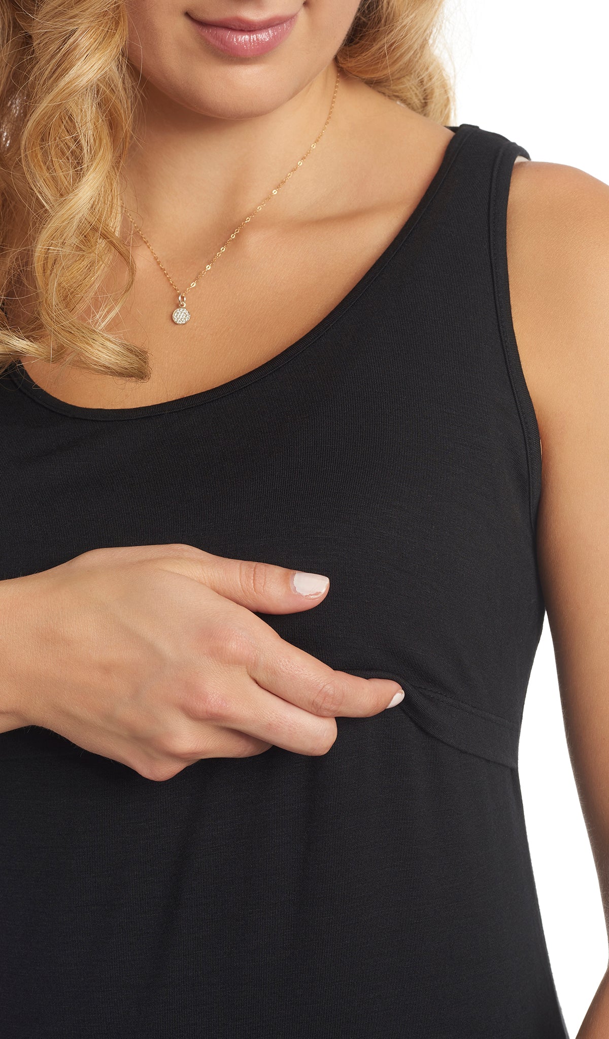 Black Kara Tank detail nursing shot showing woman lifting up the front top panel to access nursing underneath.