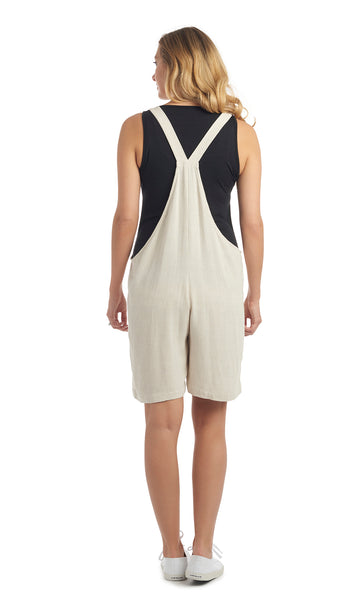 Oatmeal Jodi overall back shot worn by woman with black tank top layered underneath.